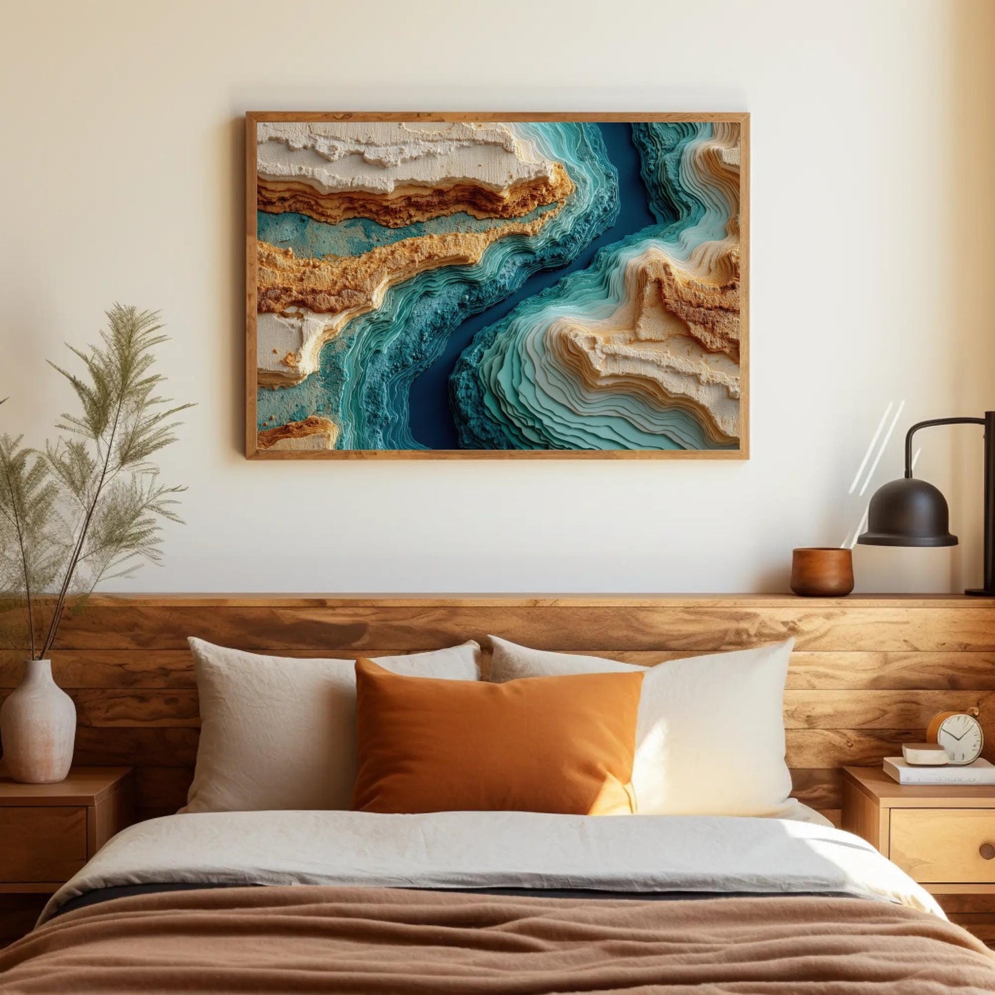 Abstract Topographic , Layered Canyon canvas wall art shown above a bed