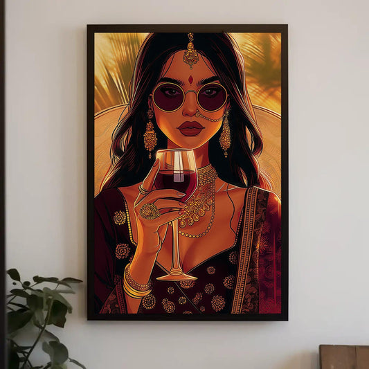 Indian Woman Wine Art – Framed Canvas Print | Stylish Desi Wall Art Decor