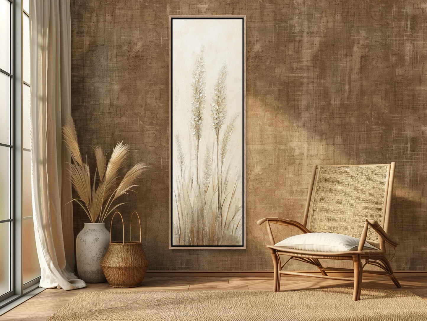Wild Grass Canvas Print, Tall Beige Grass Painting, Rustic Wall Art Framed