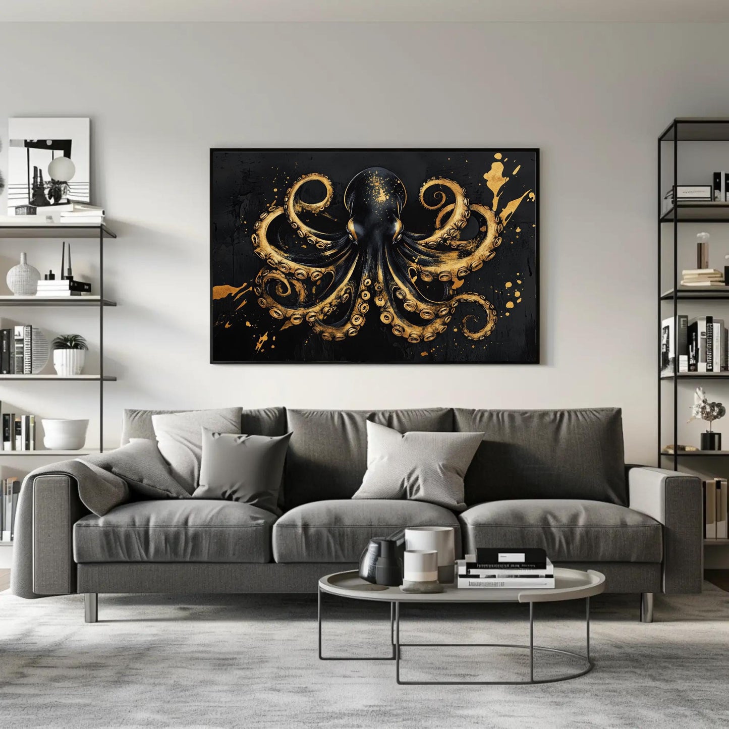 Octopus , Black Gold Nautical Symmetrical canvas wall art shown in a living room