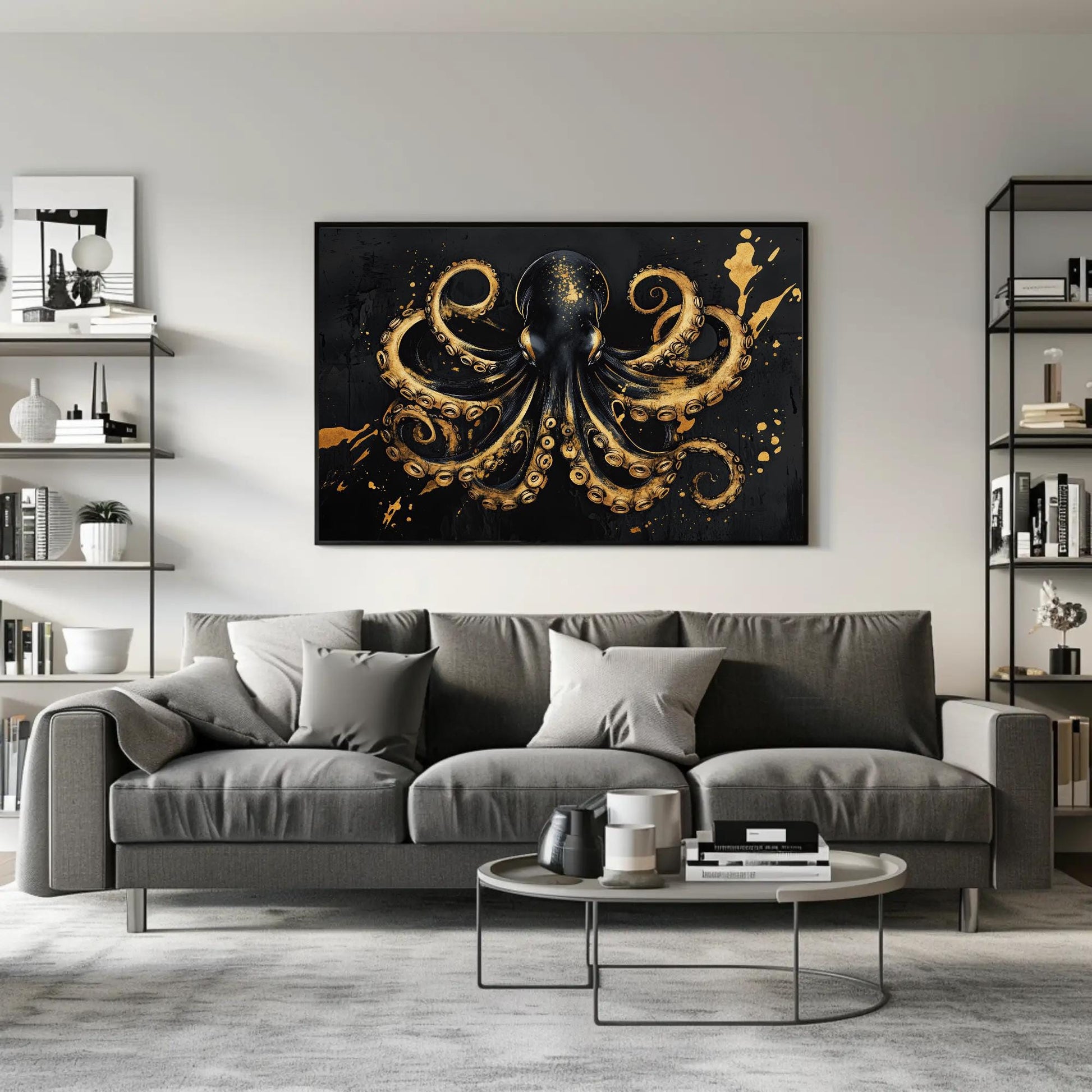 Octopus , Black Gold Nautical Symmetrical canvas wall art shown in a living room