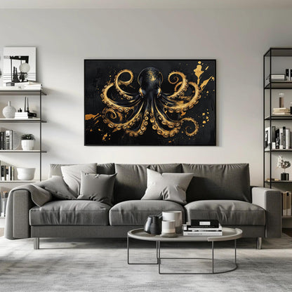 Octopus , Black Gold Nautical Symmetrical canvas wall art shown in a living room