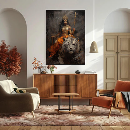 Goddess Durga , Hindu Warrior Mata canvas wall art shown in a living room