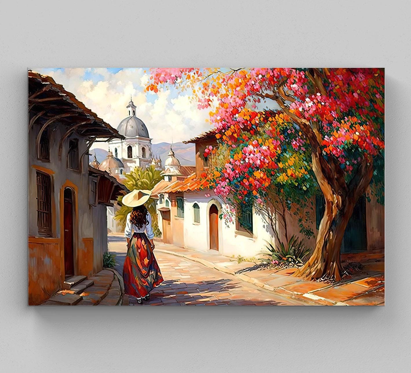 Mexican Village Street Canvas Print, Colorful Pueblo Decor