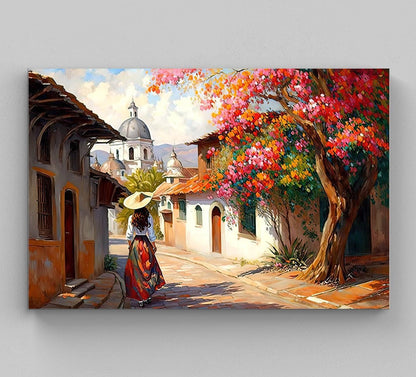 Mexican Village Street Canvas Print, Colorful Pueblo Decor