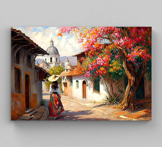 Mexican Village Street Canvas Print, Colorful Pueblo Decor