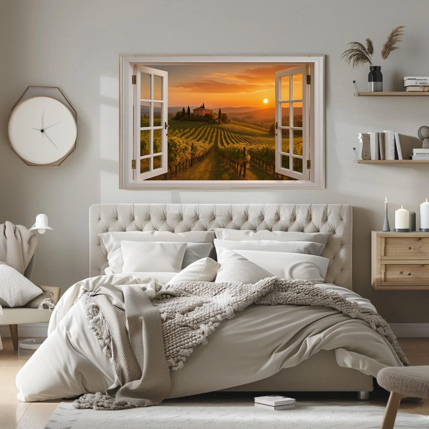 a bedroom with a large window overlooking a vineyard