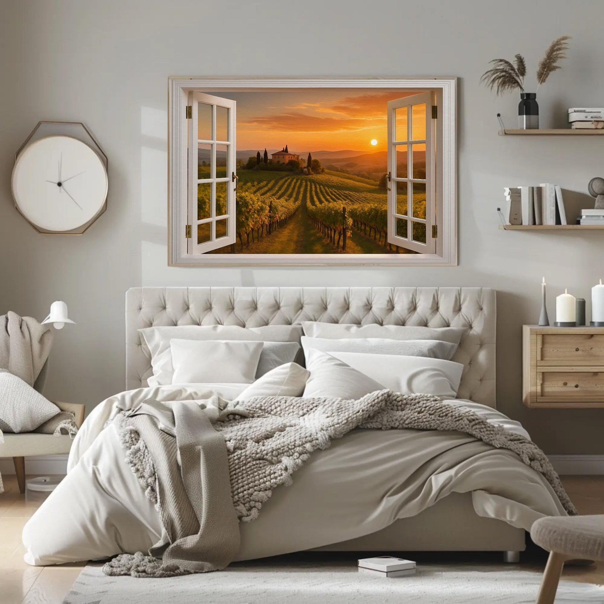 a bedroom with a large window overlooking a vineyard