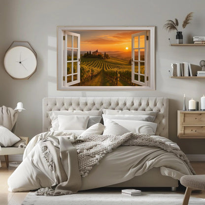 a bedroom with a large window overlooking a vineyard