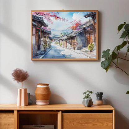 Korean Watercolor , Traditional Hanok traditional canvas wall art, ready to hang