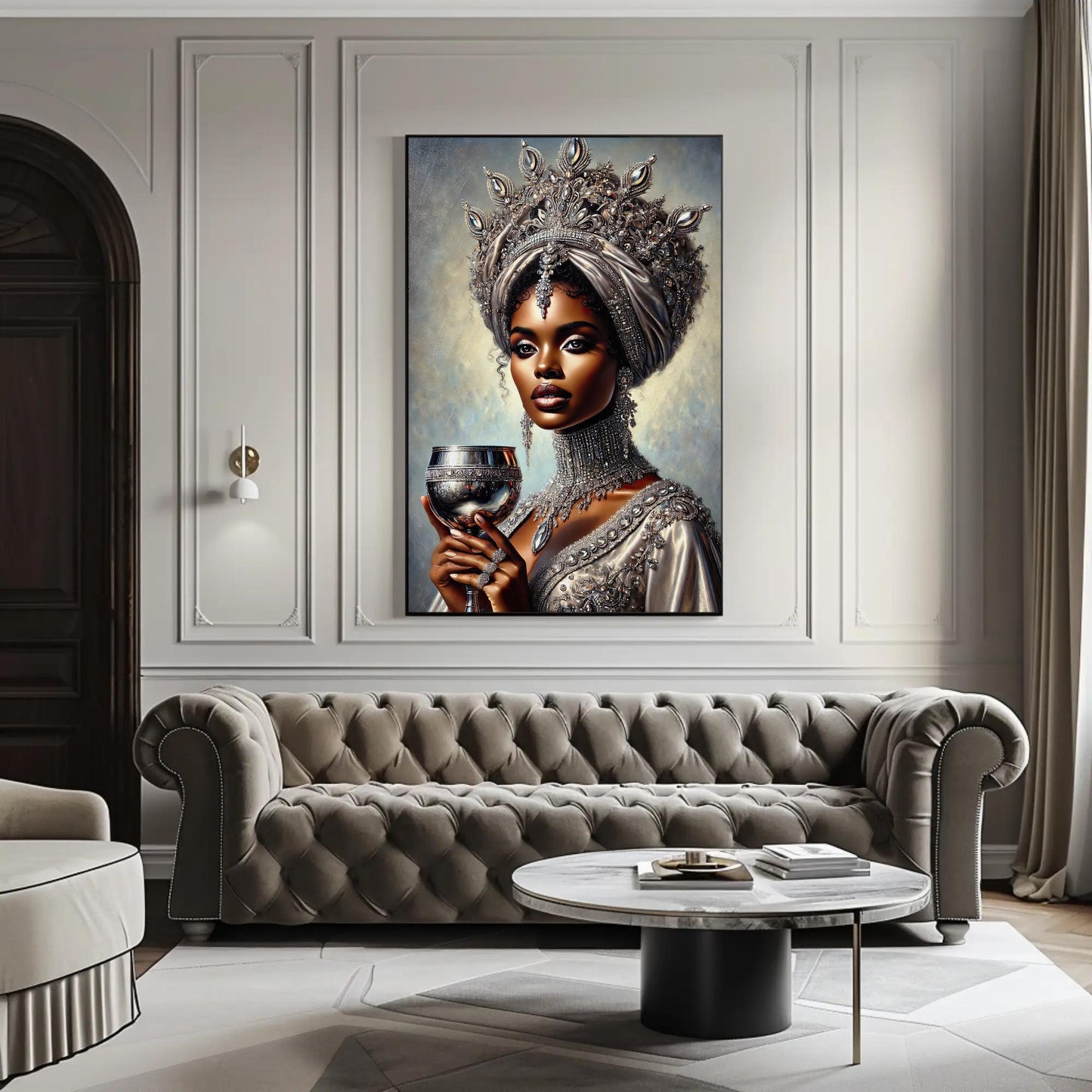 a painting of a woman holding a glass of wine