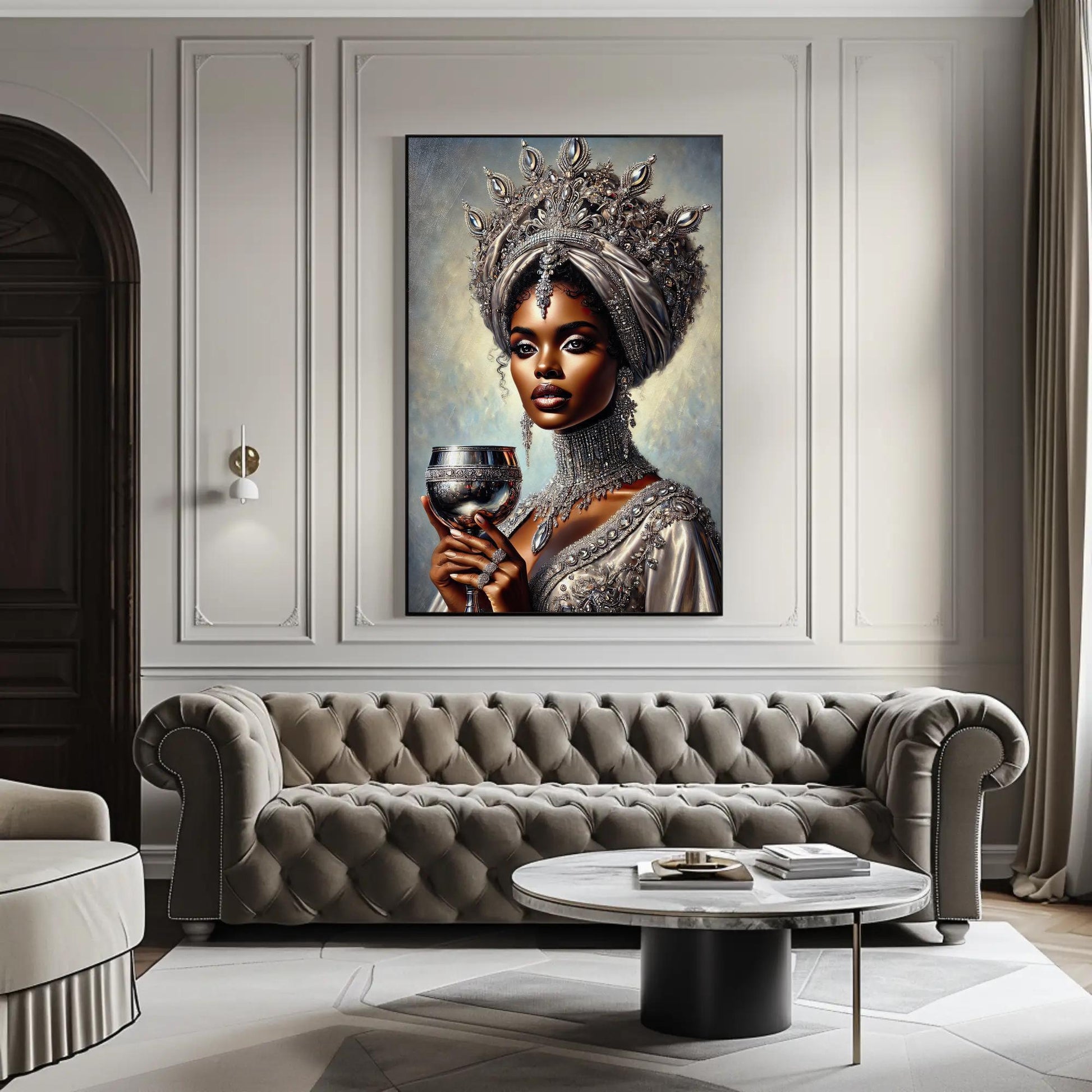 a painting of a woman holding a glass of wine