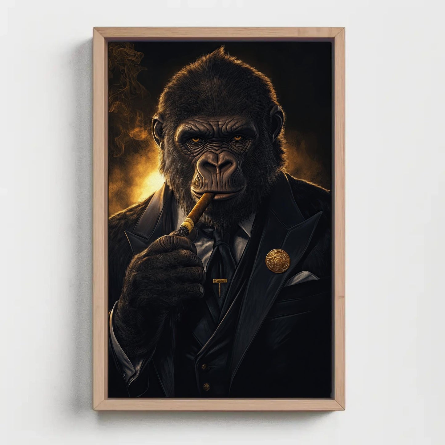 Suited Gorilla canvas wall art shown in a styled room