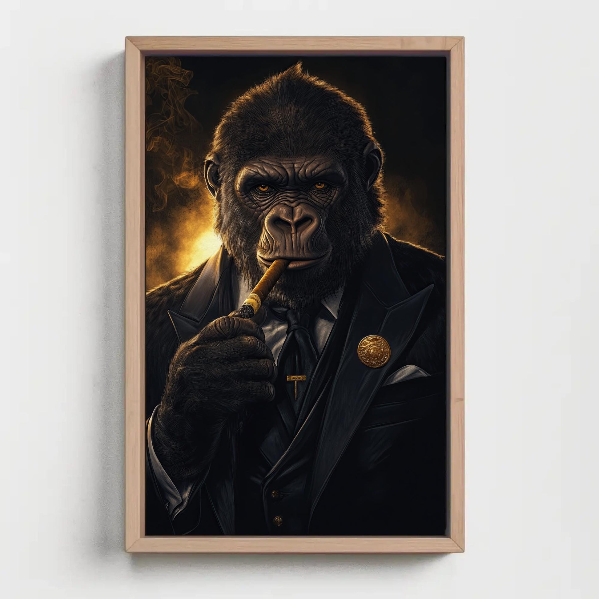 Suited Gorilla canvas wall art shown in a styled room