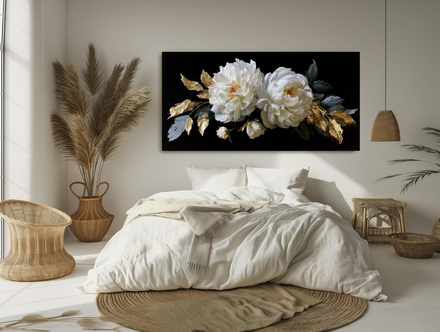 Baroque White Peony canvas wall art shown in a bedroom