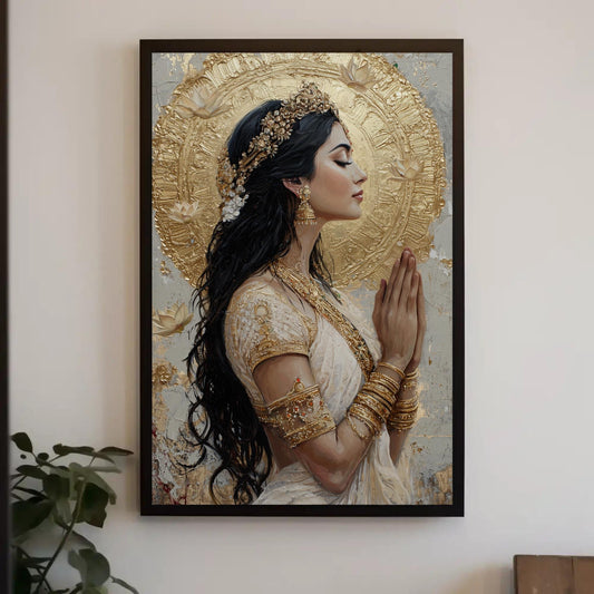 The image is a framed painting depicting a woman with long dark hair wearing an ornate headdress, standing in a praying position with her hands clasped together.
