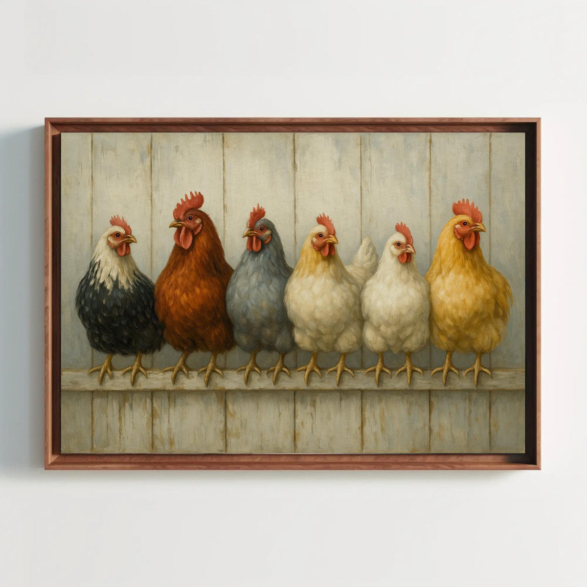 Farmhouse hen canvas wall art, six colourful chickens on a wooden perch against barn planks