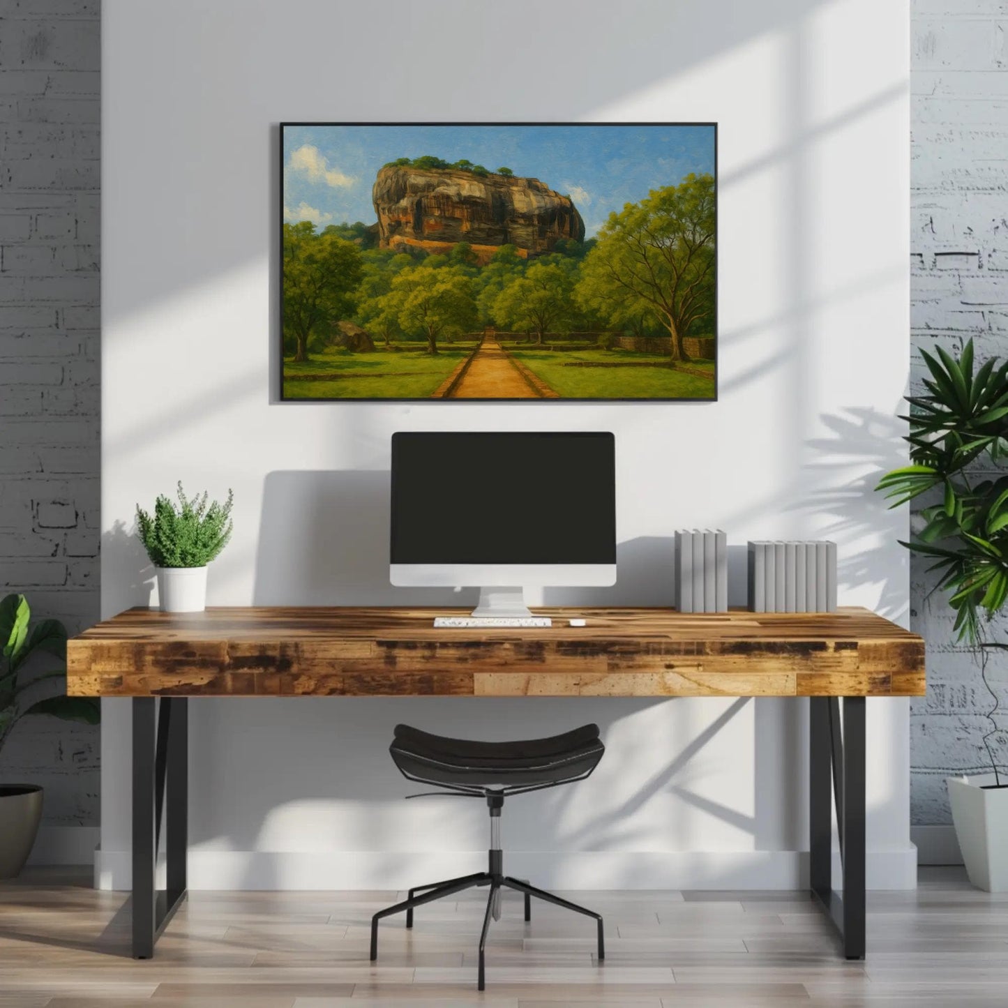 Sigiriya Rock Fortress canvas wall art shown above a desk