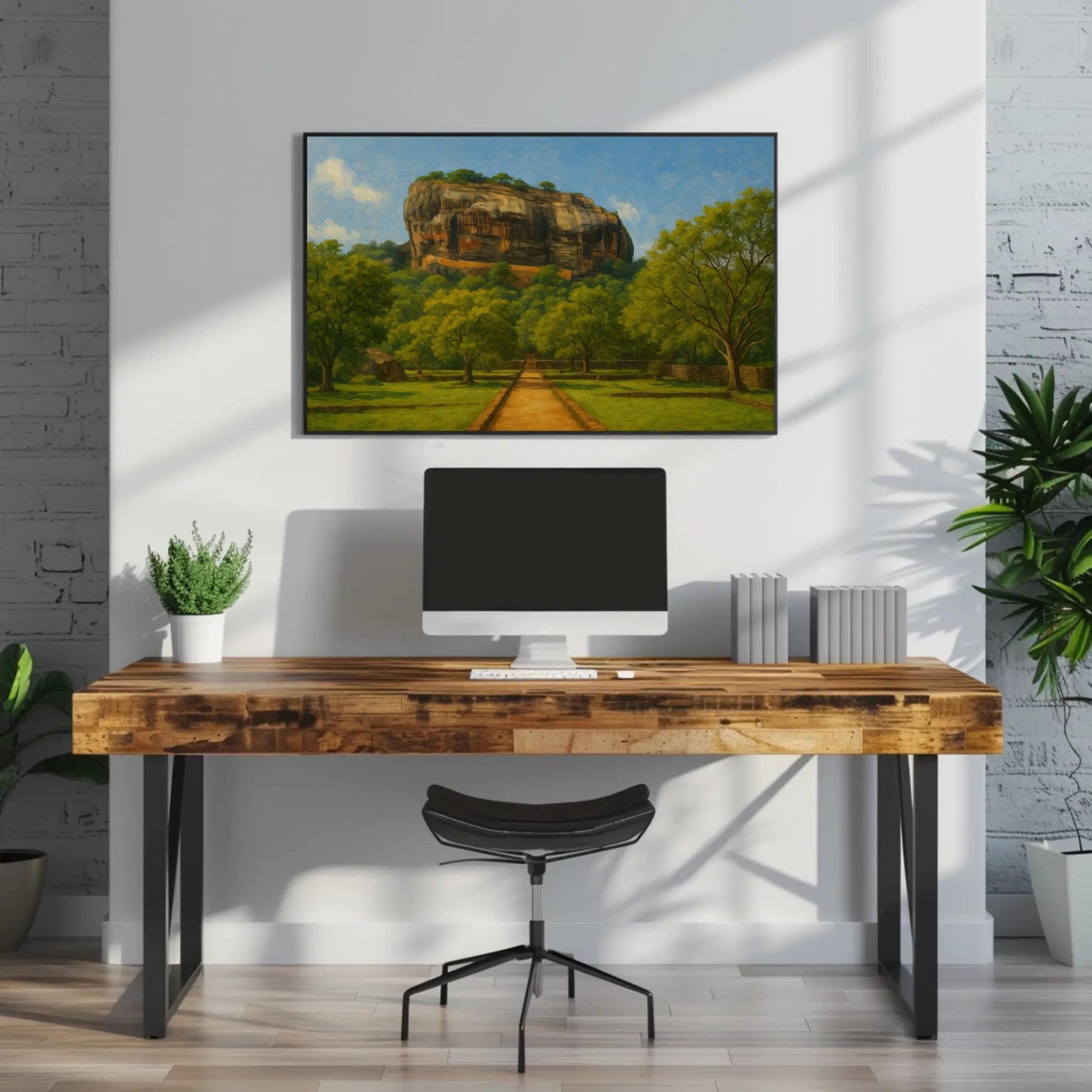 Sigiriya Rock Fortress canvas wall art shown above a desk
