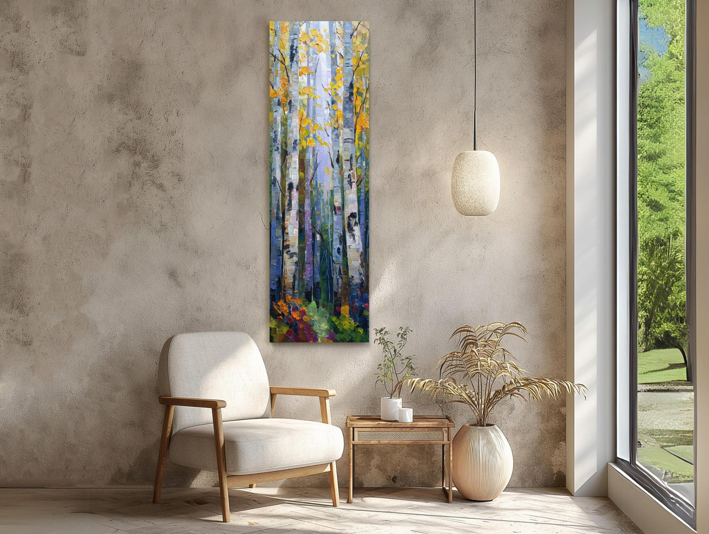 Autumn Birch Grove canvas wall art shown in a living room (view 3)