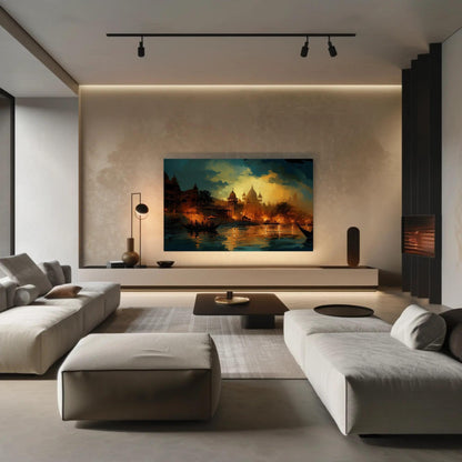 Varanasi Nightscape modern canvas wall art, ready to hang
