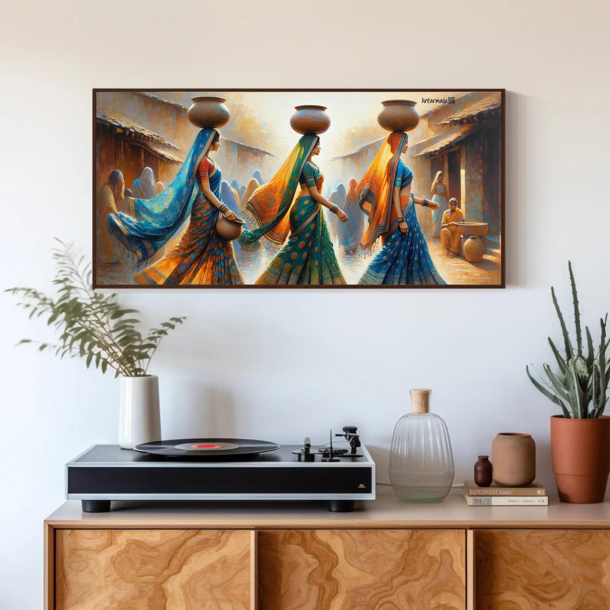 Indian Women Clay Pots , Traditional Desi canvas wall art, statement décor