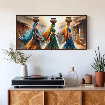 Indian Women Clay Pots , Traditional Desi canvas wall art, statement décor