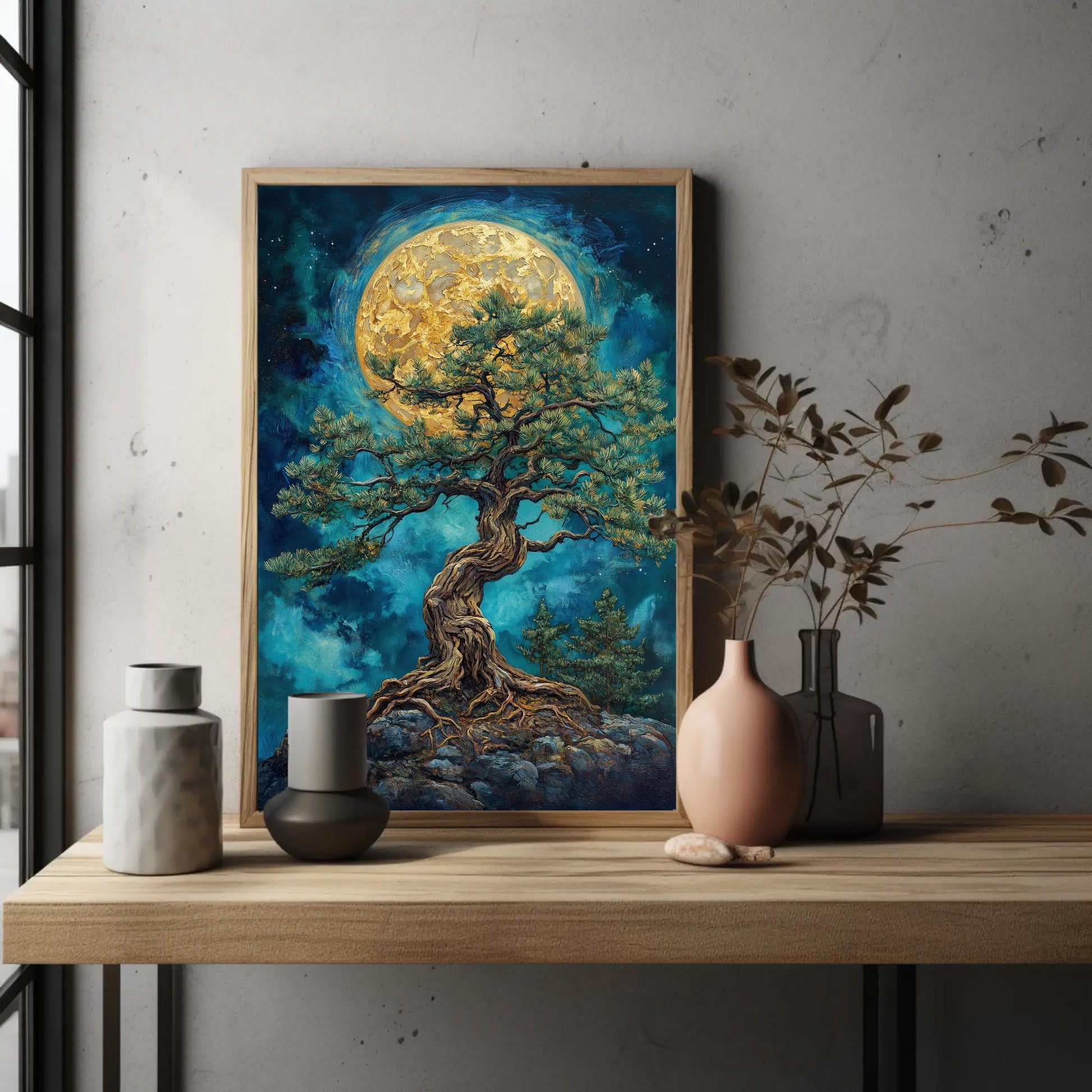 Mystic Pine canvas wall art shown in a styled room