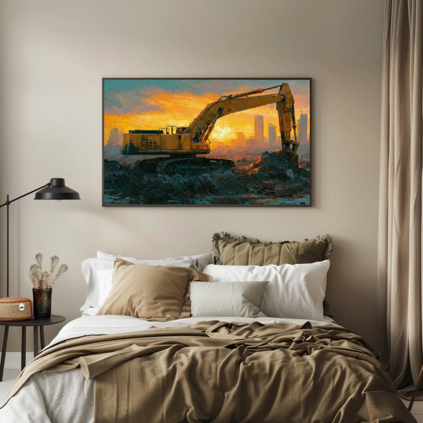 Excavator canvas wall art shown in a styled room