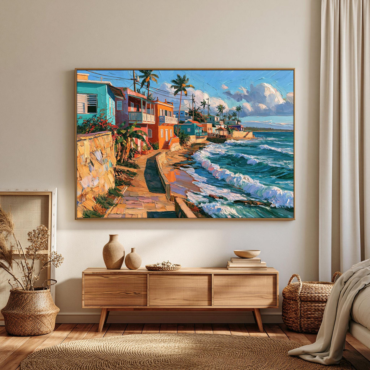 La Perla seaside lane canvas wall art, large painting of a beach scene with colorful houses and palm trees, hanging on a