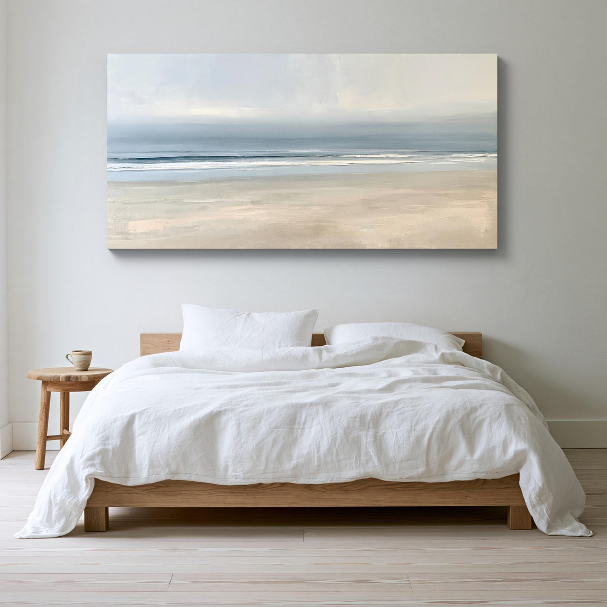 Calm beach canvas wall art, blue grey sea and pale sand under a hazy sky