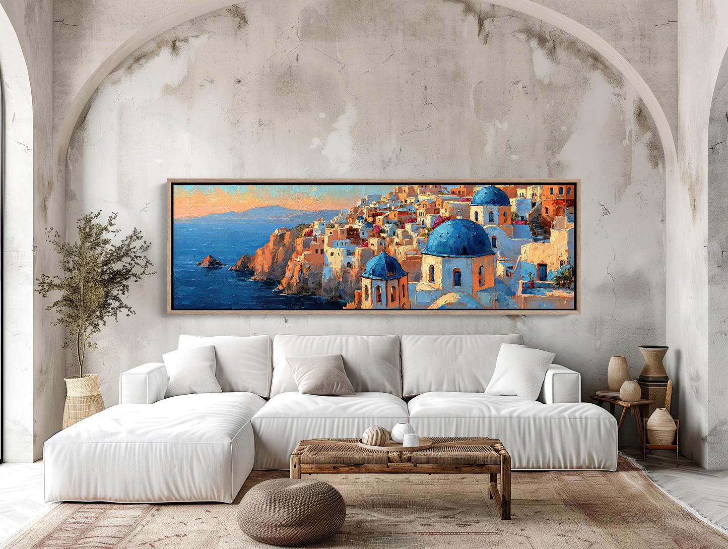 Santorini Cliffside Painting, Panoramic Oia Canvas, Impasto Oil Artwork, Mediterranean Decor