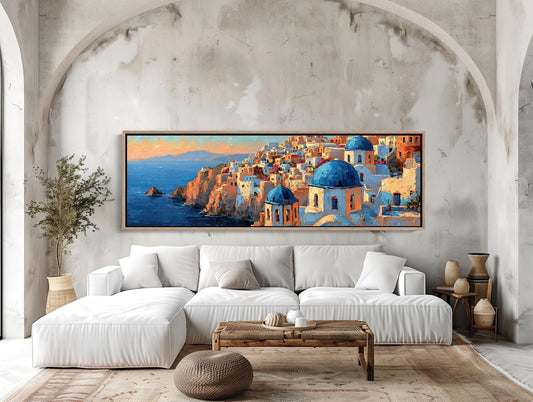 a large, colorful painting of a Greek island with blue domes and orange buildings, hanging on a wall above a white sofa in a modern living room setting.