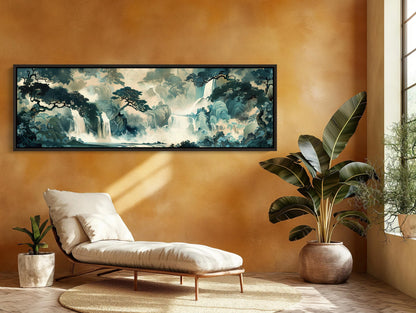 Japanese Waterfall , Ukiyo-e Panoramic canvas wall art shown in a styled room (view 2)