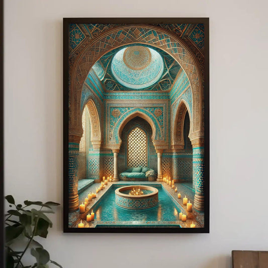 a picture of a room with a fountain and candles