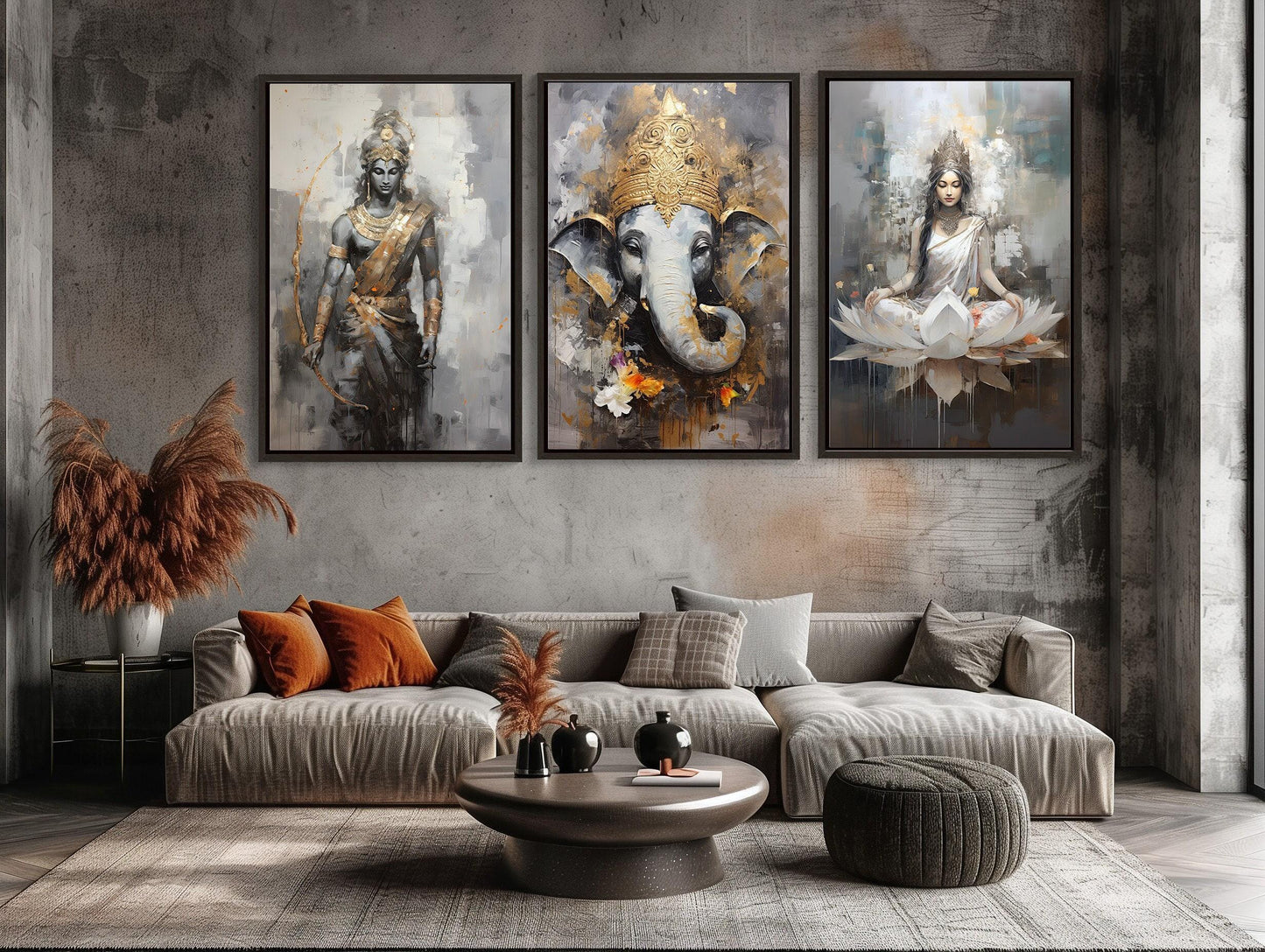 a living room filled with furniture and paintings
