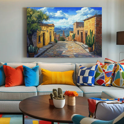 Mexican Village canvas wall art shown in a living room (view 2)