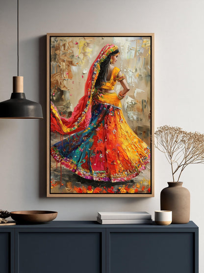 Rajasthani lehenga dancer canvas wall art in a room setting