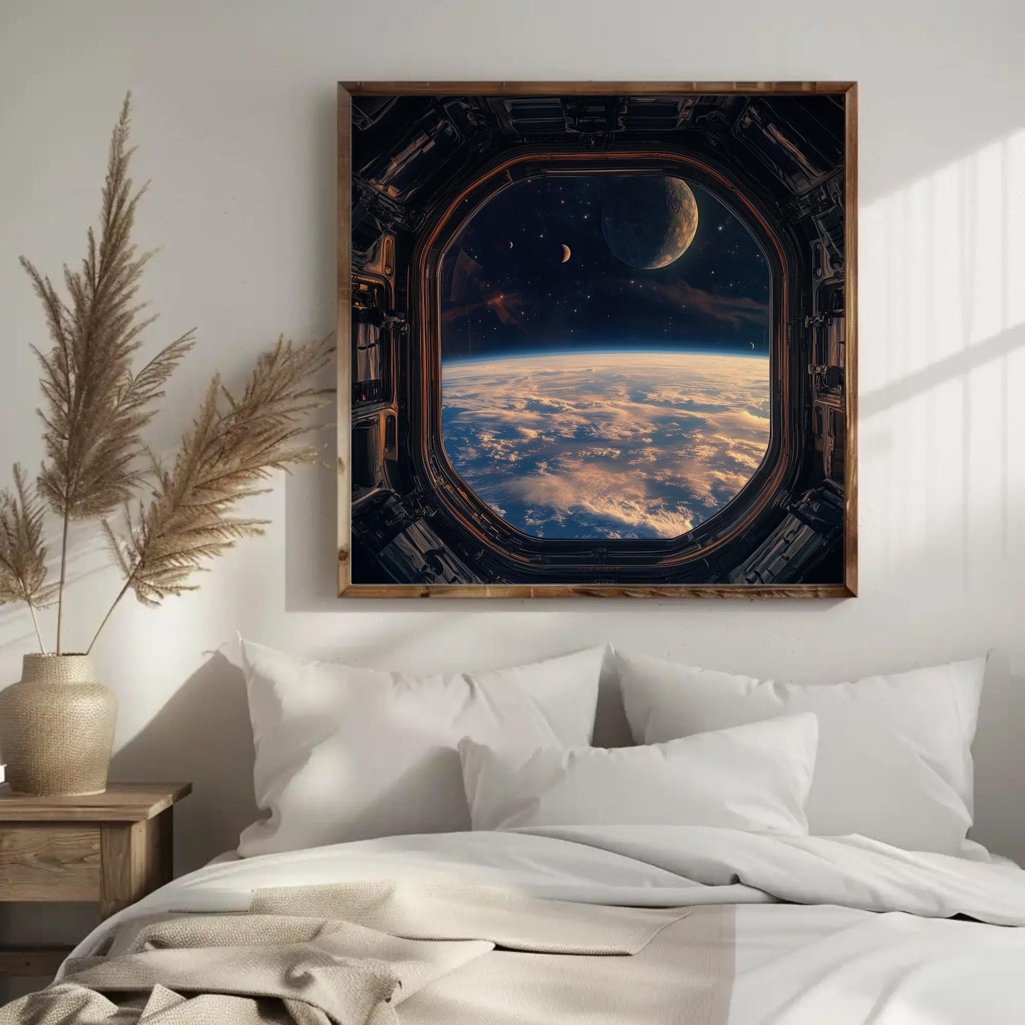 Space Station , Sci-Fi Window View canvas wall art shown in a bedroom