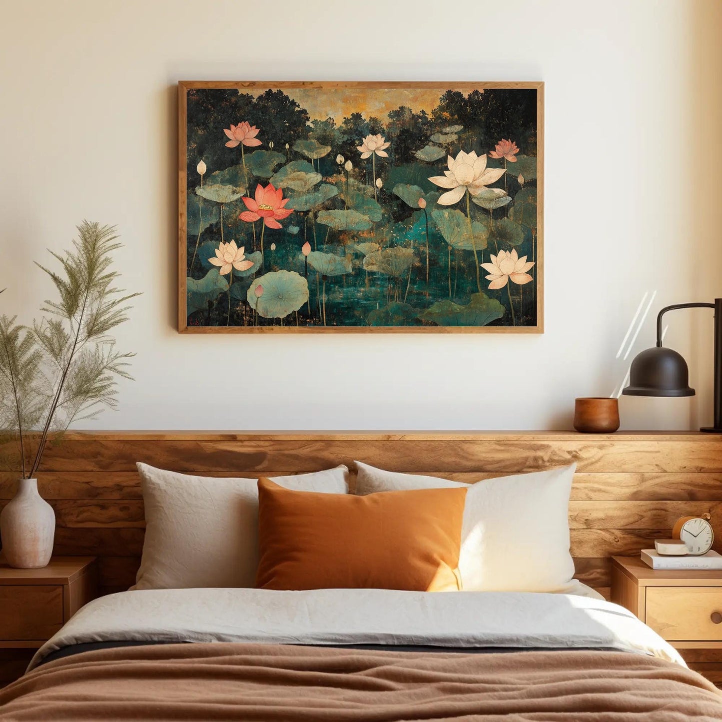 Lotus Pond , Gold Teal Indian Mughal Floral Art canvas wall art shown in a bedroom