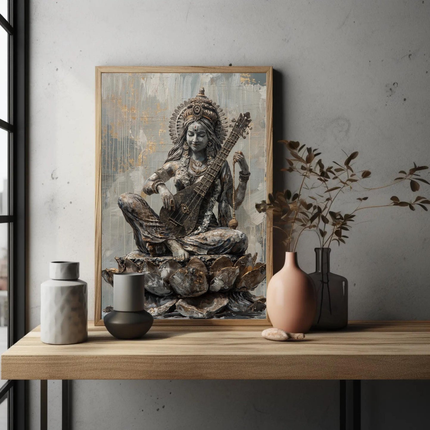 Saraswati Hindu Goddess Art canvas wall art shown in a styled room