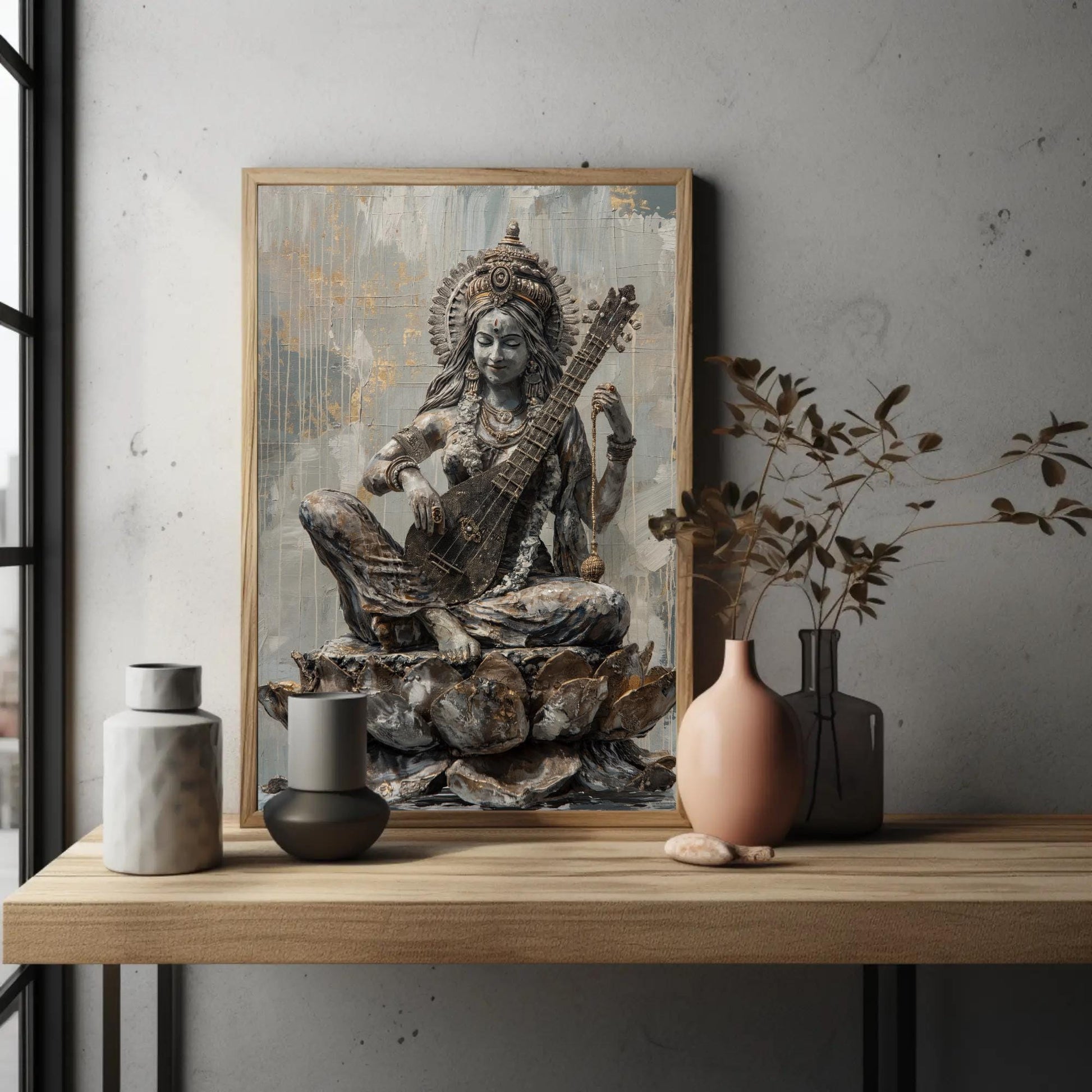 Saraswati Hindu Goddess Art canvas wall art shown in a styled room