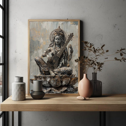Saraswati Hindu Goddess Art canvas wall art shown in a styled room