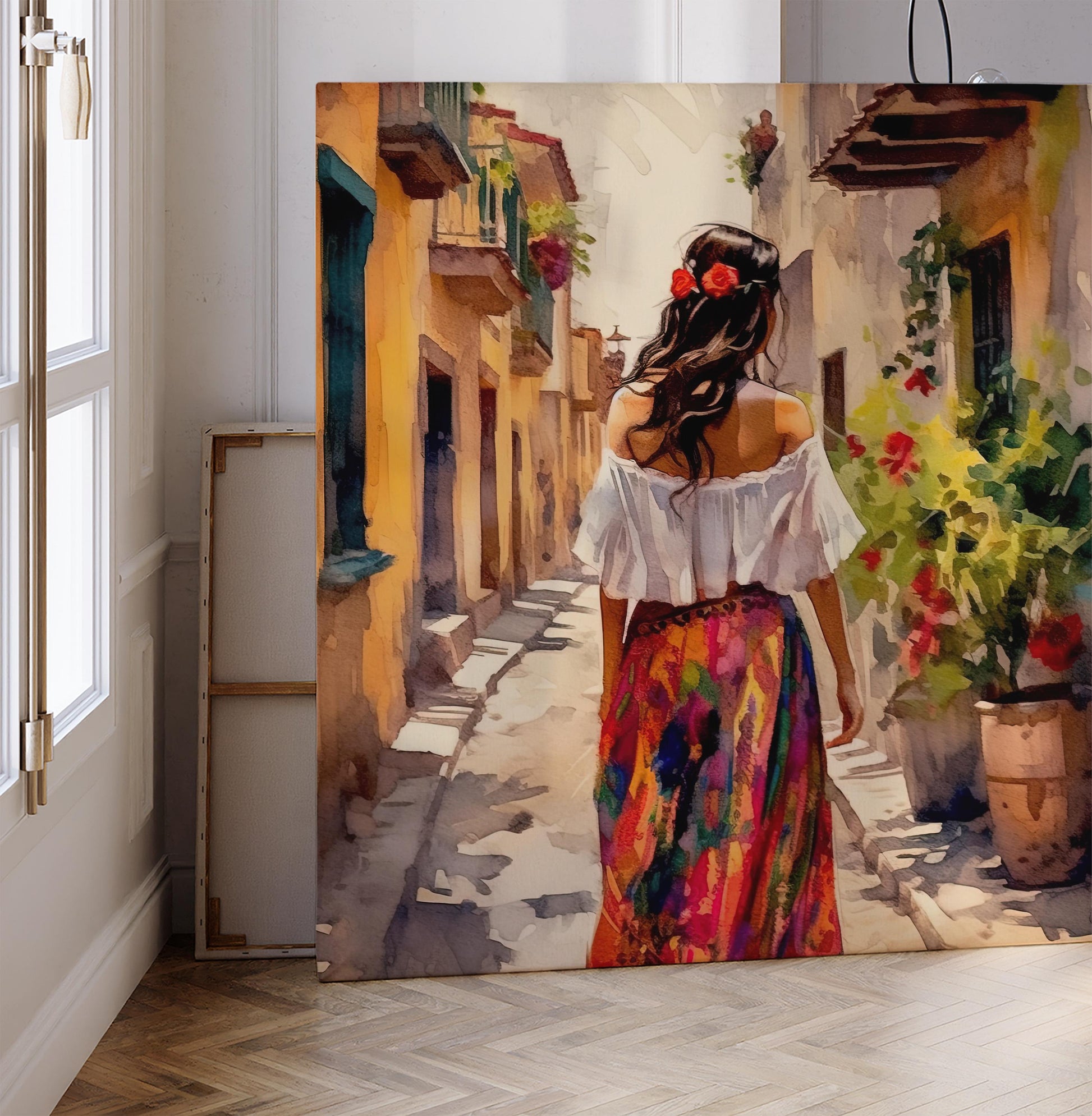Mexican Woman Watercolor , Latina Portrait Art folk art canvas wall art, ready to hang