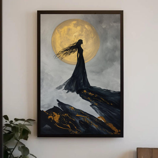 Nyx Goddess Canvas Art – Golden Moon Framed Wall Decor | Mythological Print
