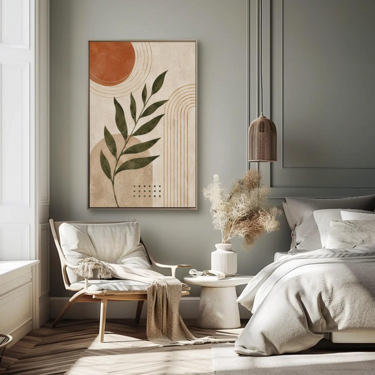 a serene and modern bedroom with a large abstract painting featuring a leaf and a sun-like shape on the wall. The room is furnished with a bed, a chair, and a small table with a vase of dried flowers. The overall color scheme and design elements create a calming and stylish atmosphere.