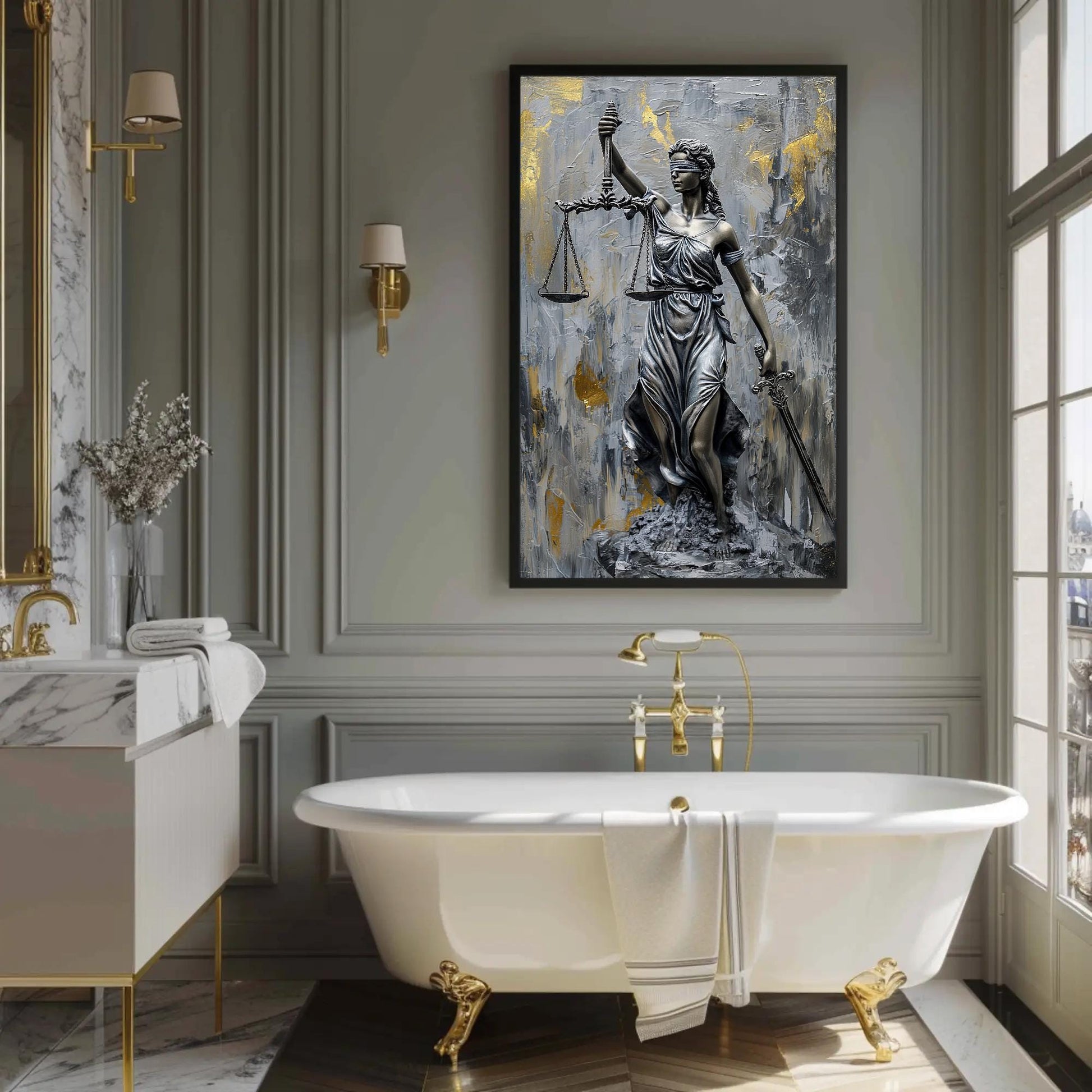 Lady Justice , Legal Office Symbolic canvas wall art shown in a bathroom