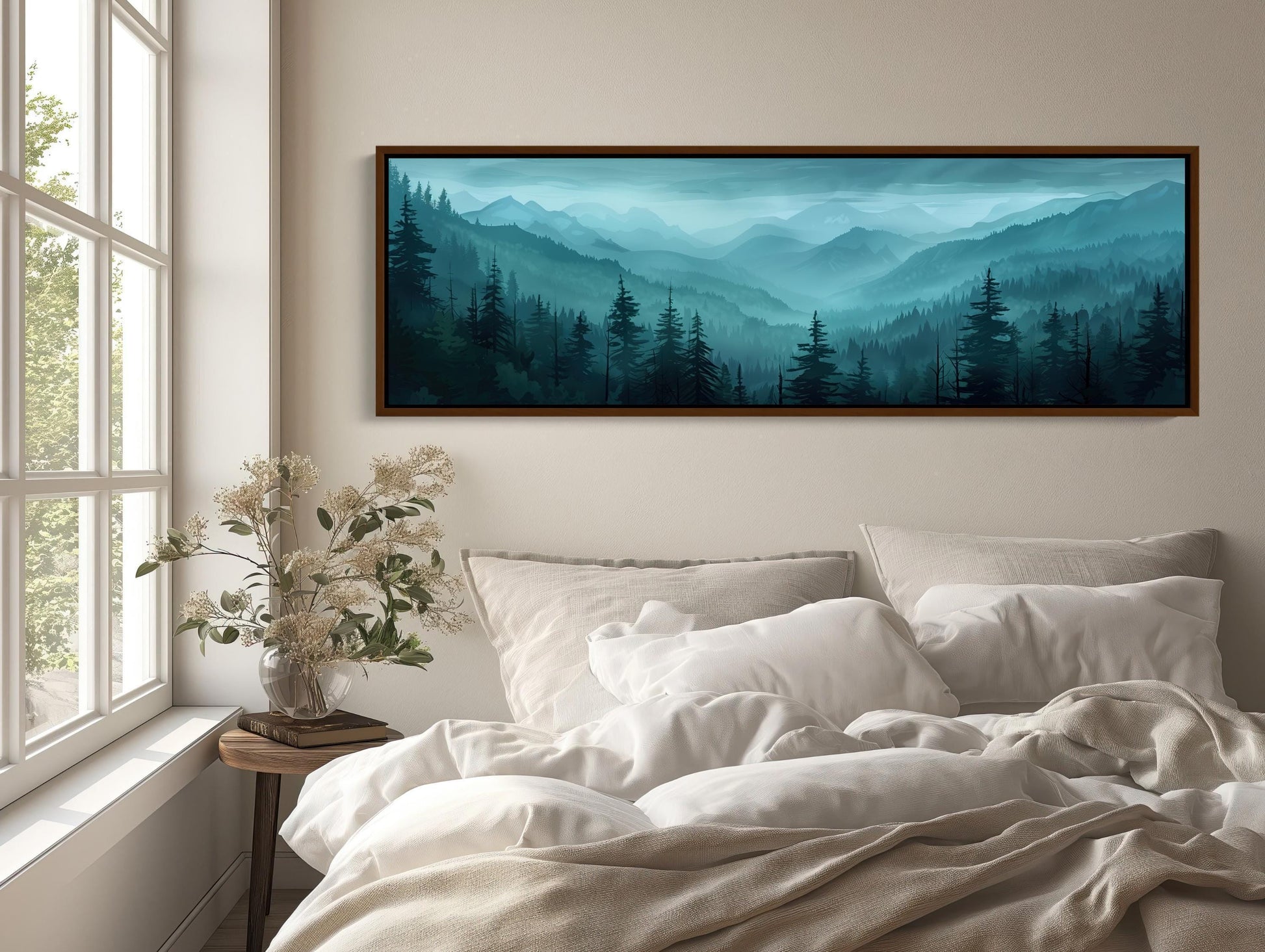 Misty Mountain Forest Art canvas wall art shown in a bedroom