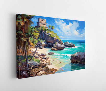 Tulum Mexico canvas wall art in teal tones
