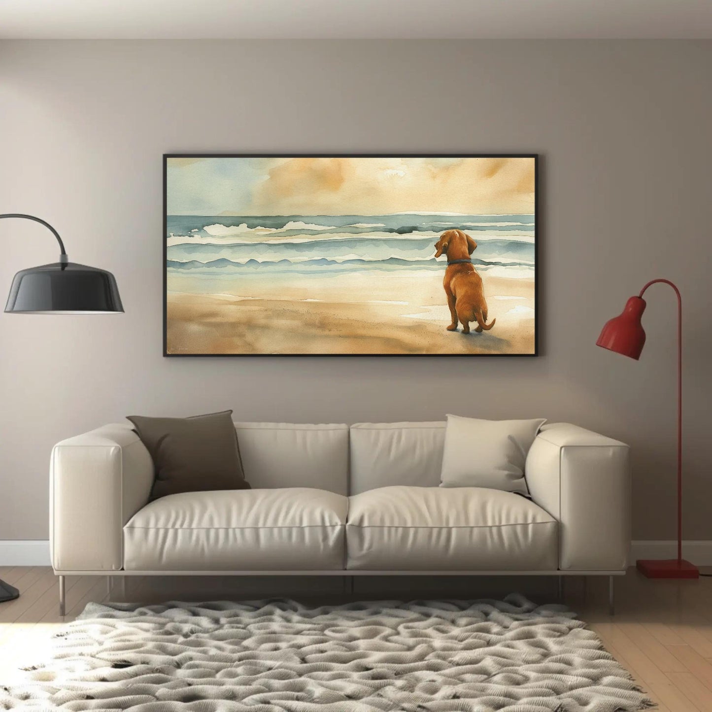 Dachshund Dog Coastal canvas wall art shown in a living room